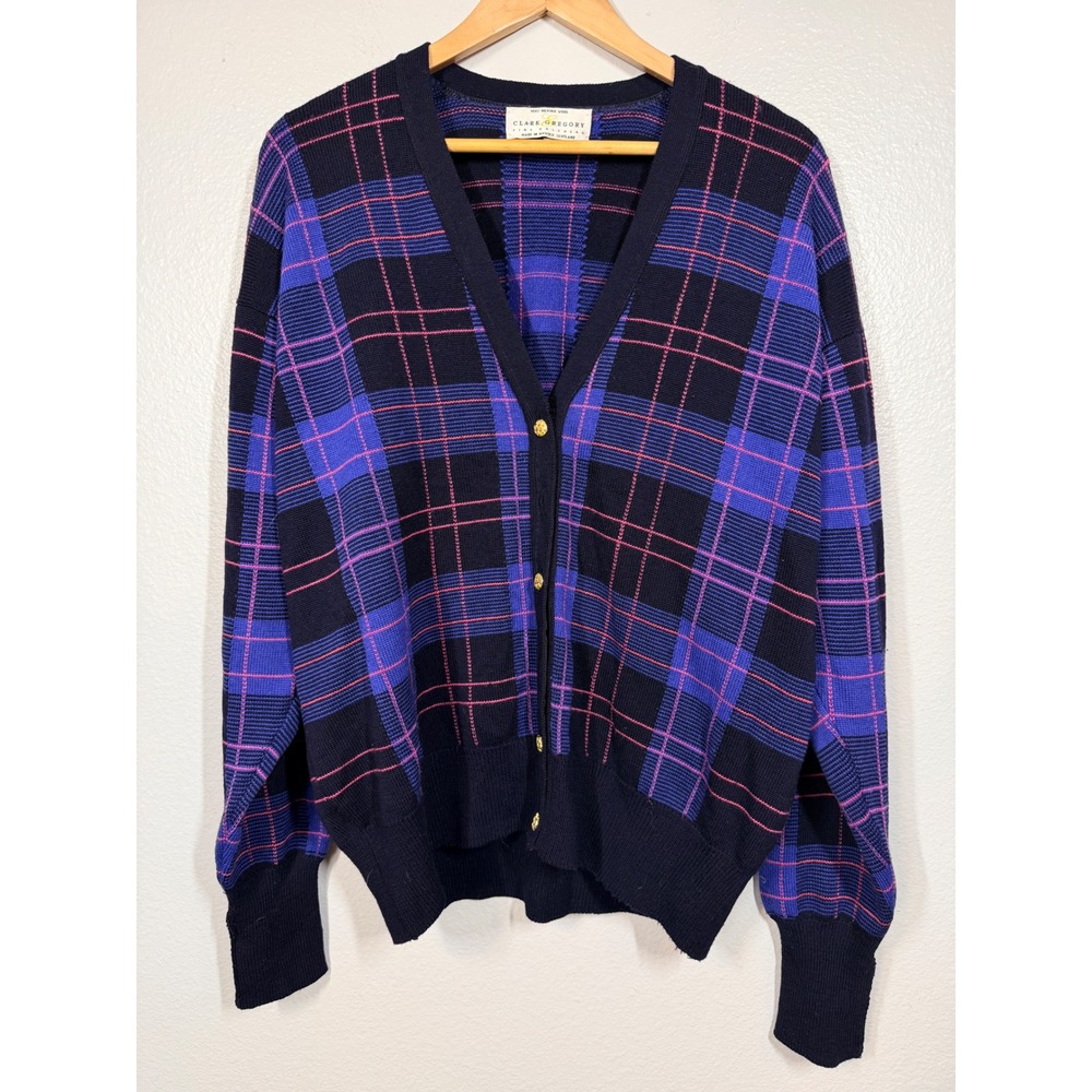 Clark Gregory Cardigan Mens XL Blue Plaid Merino Wool Golf Sweater Scotland